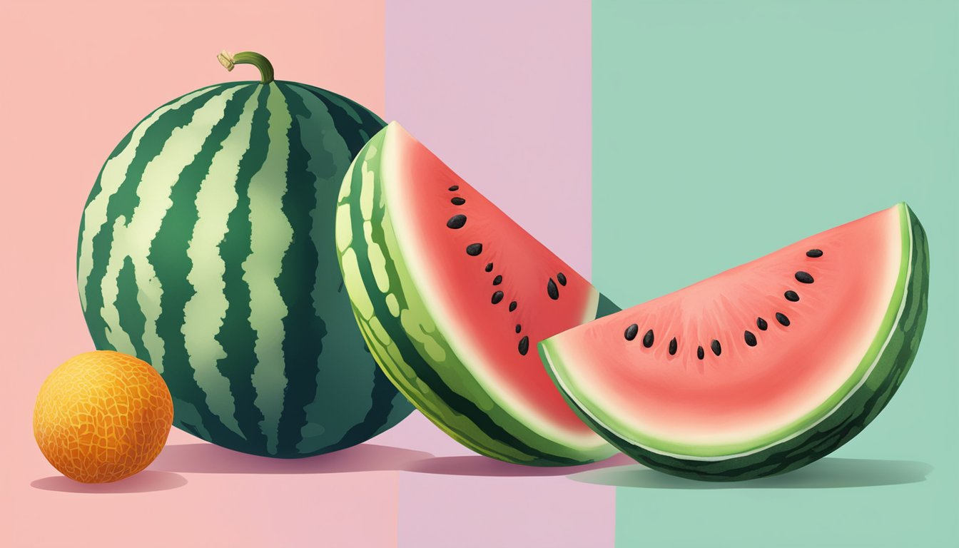 A watermelon and a cantaloupe sit side by side, their vibrant colors and unique textures contrasting against each other