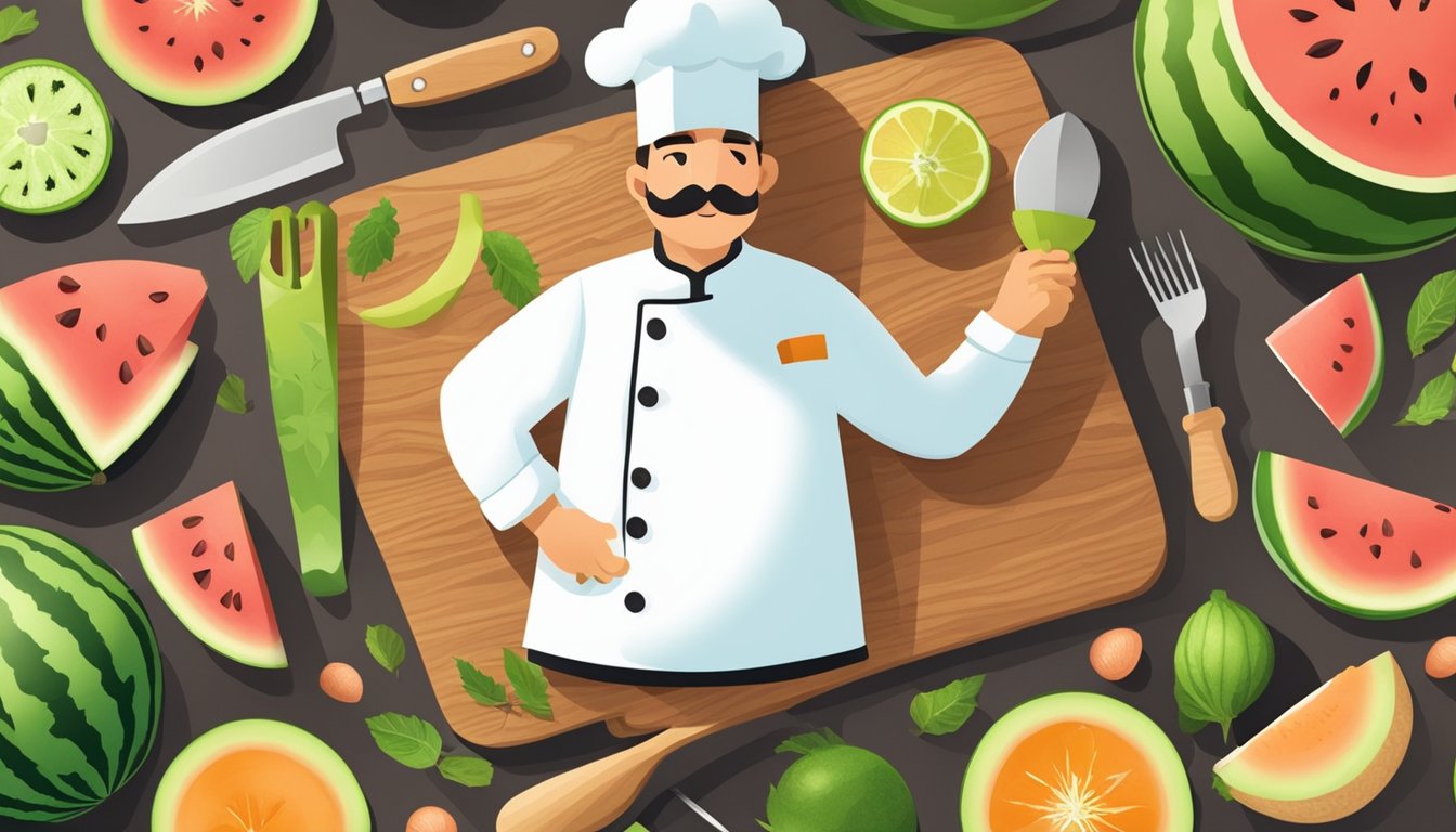 A chef slicing watermelon and cantaloupe on a wooden cutting board with a variety of kitchen utensils scattered around