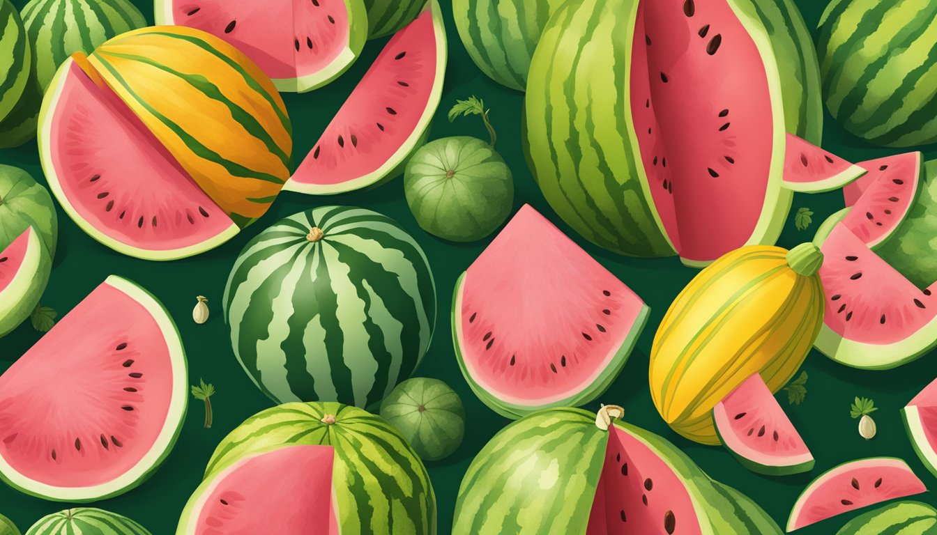 A watermelon and squash sit side by side, showcasing their vibrant colors and unique shapes. The watermelon is round and green with pink flesh, while the squash is long and yellow with a ridged texture