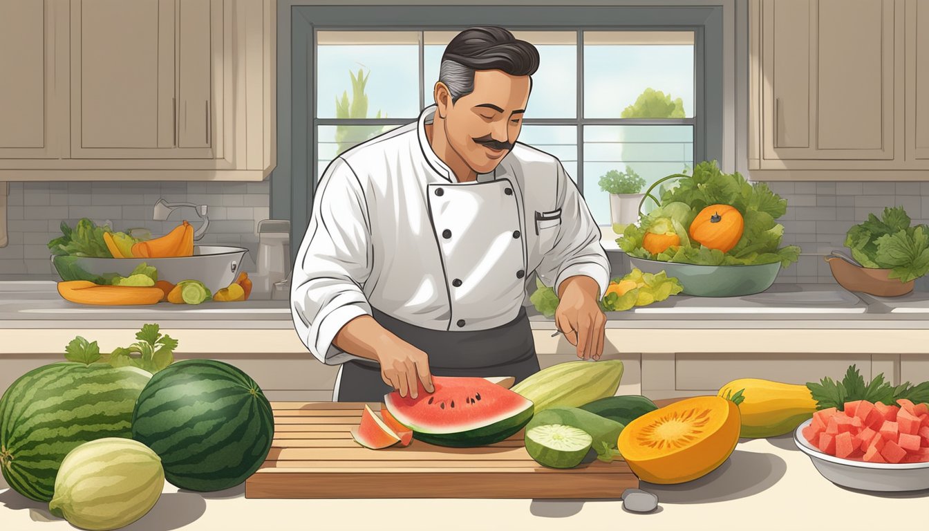 A chef slicing watermelon and squash for a summer salad