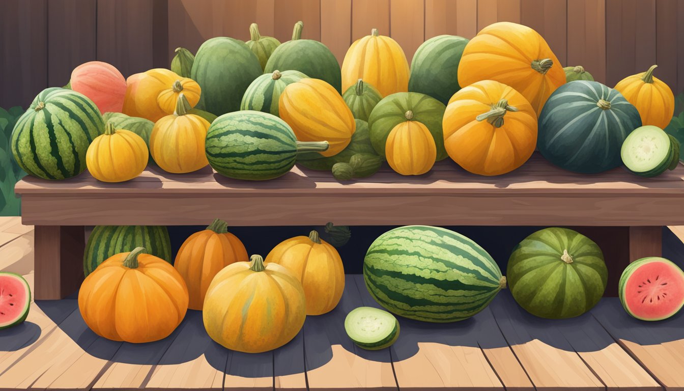 A colorful array of squash and watermelons piled on a wooden table at a farmer's market