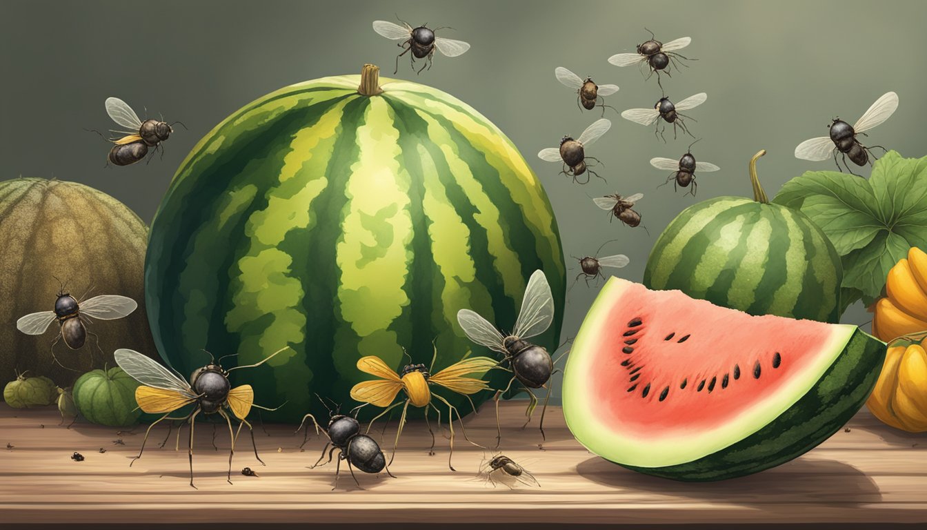 A watermelon and squash sit on a wooden table, surrounded by flies and ants