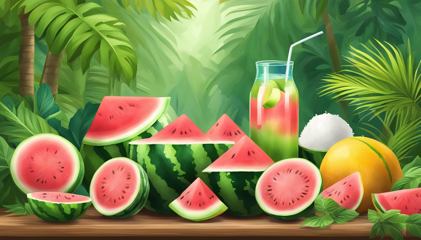 A refreshing watermelon and coconut water stand surrounded by lush greenery and colorful fruit