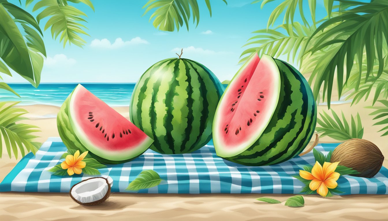 A watermelon and a coconut sit on a beach towel, surrounded by tropical foliage and a clear blue ocean in the background