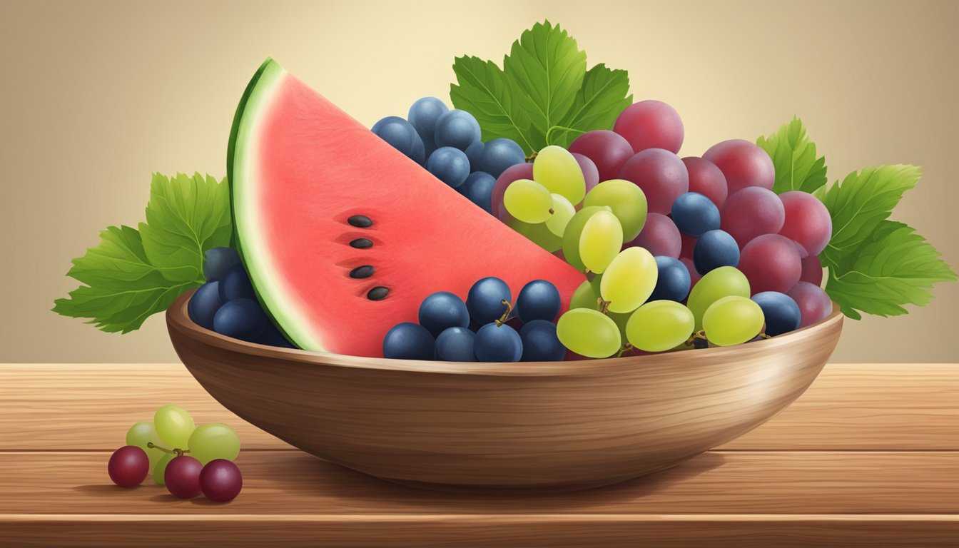 A bowl of watermelon and grapes arranged on a wooden table