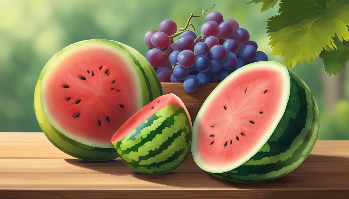 A watermelon and grapes sit side by side on a wooden table, showcasing their vibrant colors and varying shapes