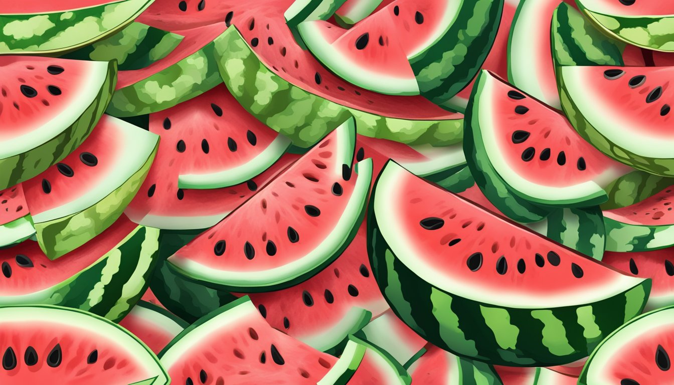 A watermelon sliced open with water droplets on the rind