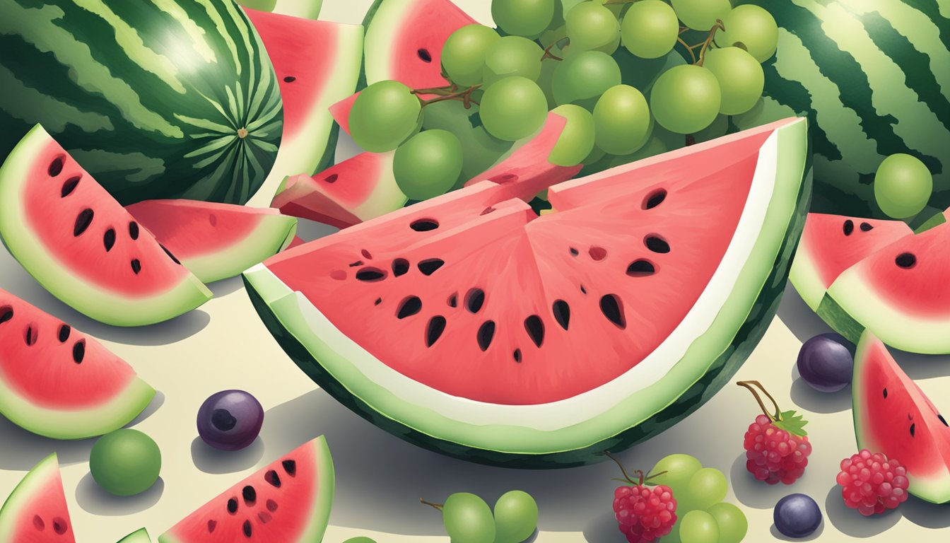 A knife slicing through a watermelon, with grapes nearby