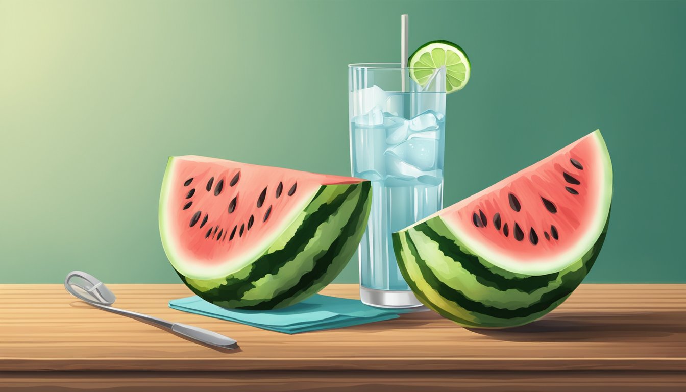 A watermelon and a glass of water on a wooden table