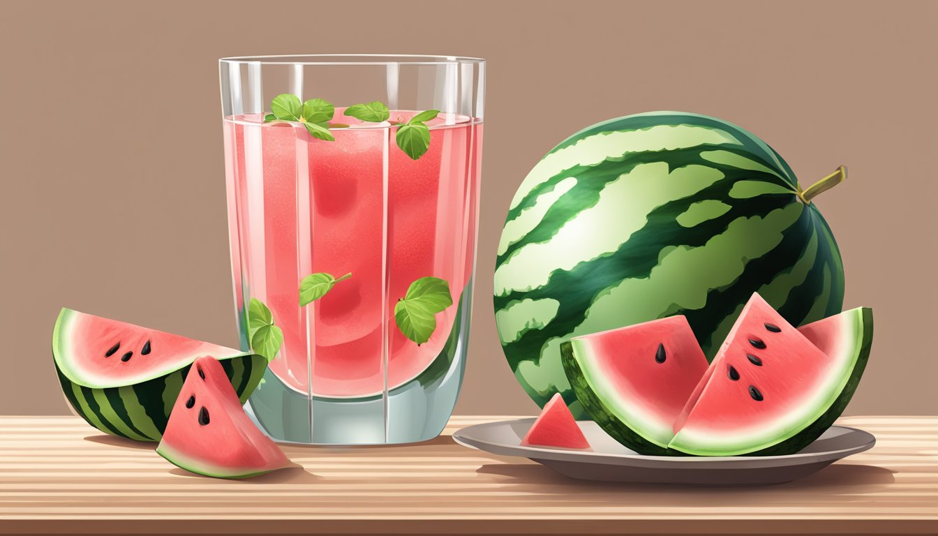 A watermelon being sliced open, with watermelon juice dripping into a glass of water, creating a refreshing watermelon-infused drink