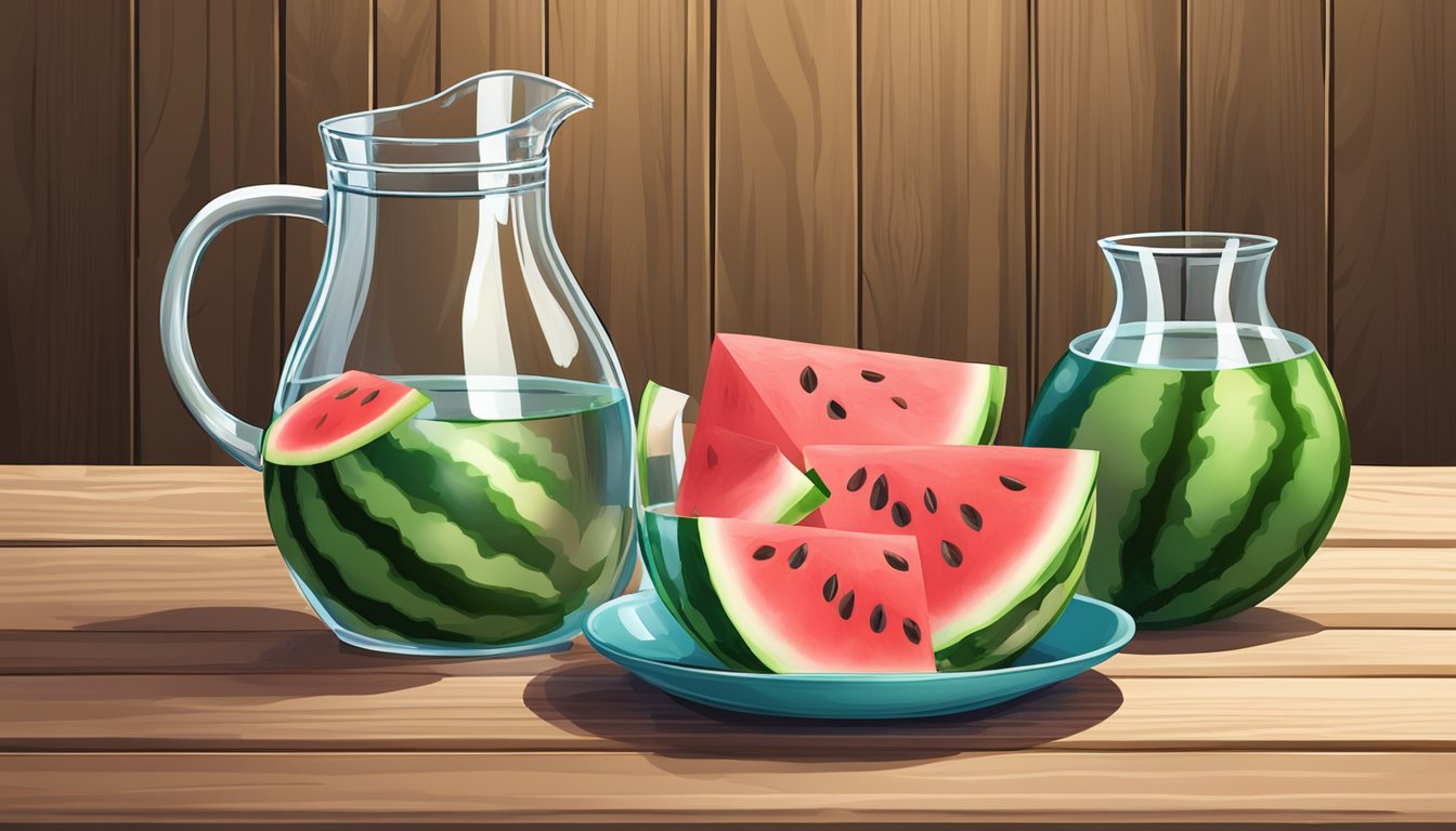 A watermelon and a pitcher of water on a wooden table with slices and a glass