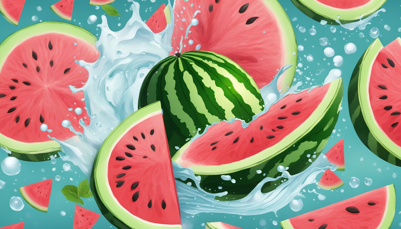 A watermelon being sliced open with water droplets splashing around