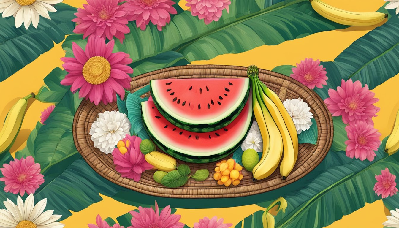 A watermelon and banana arranged on a traditional woven platter, surrounded by colorful flowers and symbolic cultural artifacts