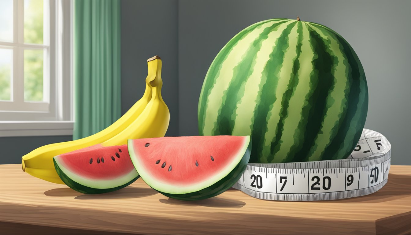 A watermelon and a banana on a wooden table with a measuring tape beside them