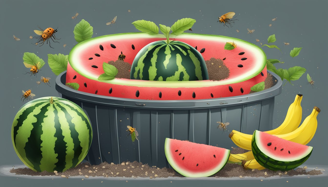 A watermelon and a banana decomposing in a compost bin, surrounded by flies and emitting a foul odor