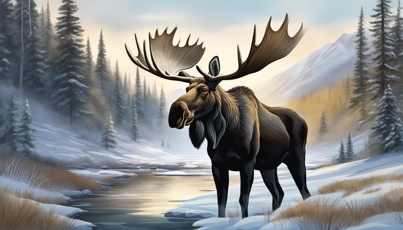 A moose standing in a snowy forest clearing, with mountains in the background and a stream running through the scene