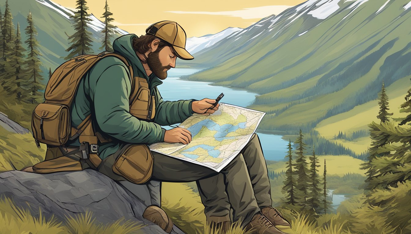 A hunter in Alaska, surrounded by vast wilderness, checks a map and consults a guidebook to ensure compliance with legal hunting requirements