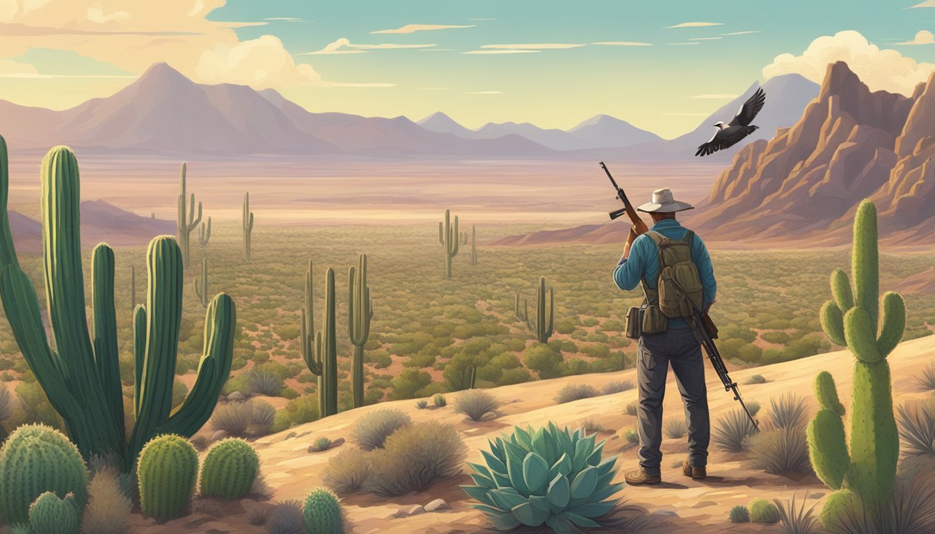 A desert landscape with cacti and scrub brush, a bird perched on a saguaro, and a hunter with a shotgun scanning the horizon