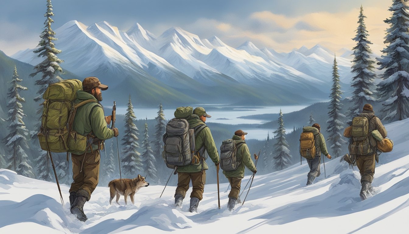 A group of hunters follows a guide through a dense Alaskan forest, while another group sets out on their own, each with their own gear and supplies. The landscape is rugged and wild, with snow-capped mountains in the distance