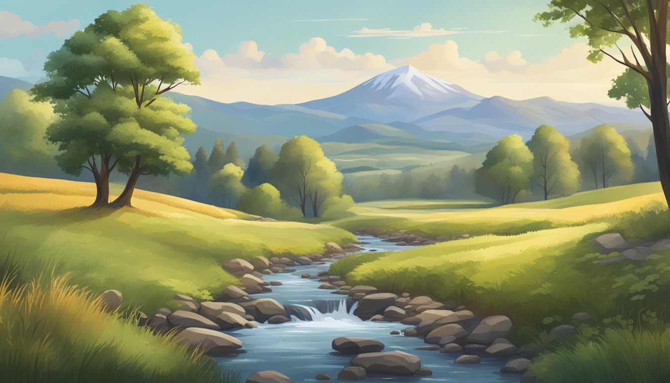 A serene woodland with rolling hills, scattered trees, and a small creek, surrounded by vast open fields and bordered by a distant mountain range