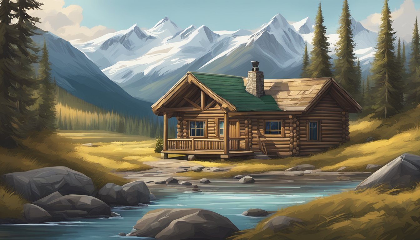 A rustic cabin nestled in the Alaskan wilderness, surrounded by snow-capped mountains and dense forests. A map and hunting gear lay on a wooden table