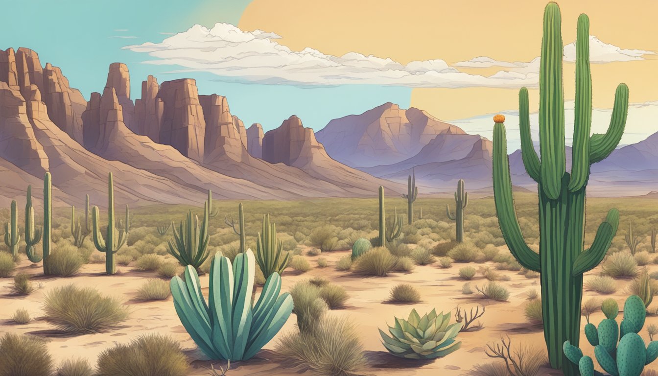 A desert landscape with cacti, mountains, and a map of Arizona with marked hunting locations