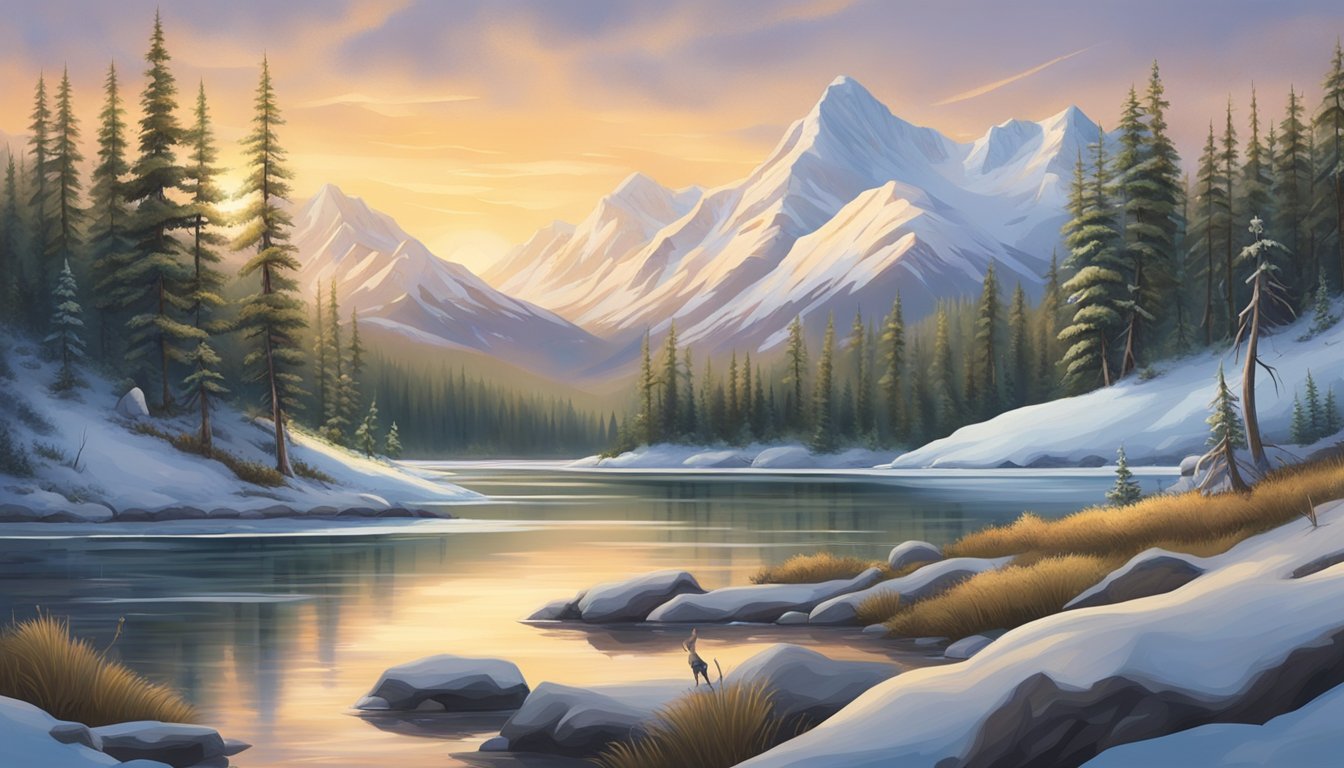 A serene Alaskan landscape with snow-capped mountains, a lush forest, and a winding river, showcasing the harmony of nature and the ethical considerations of hunting