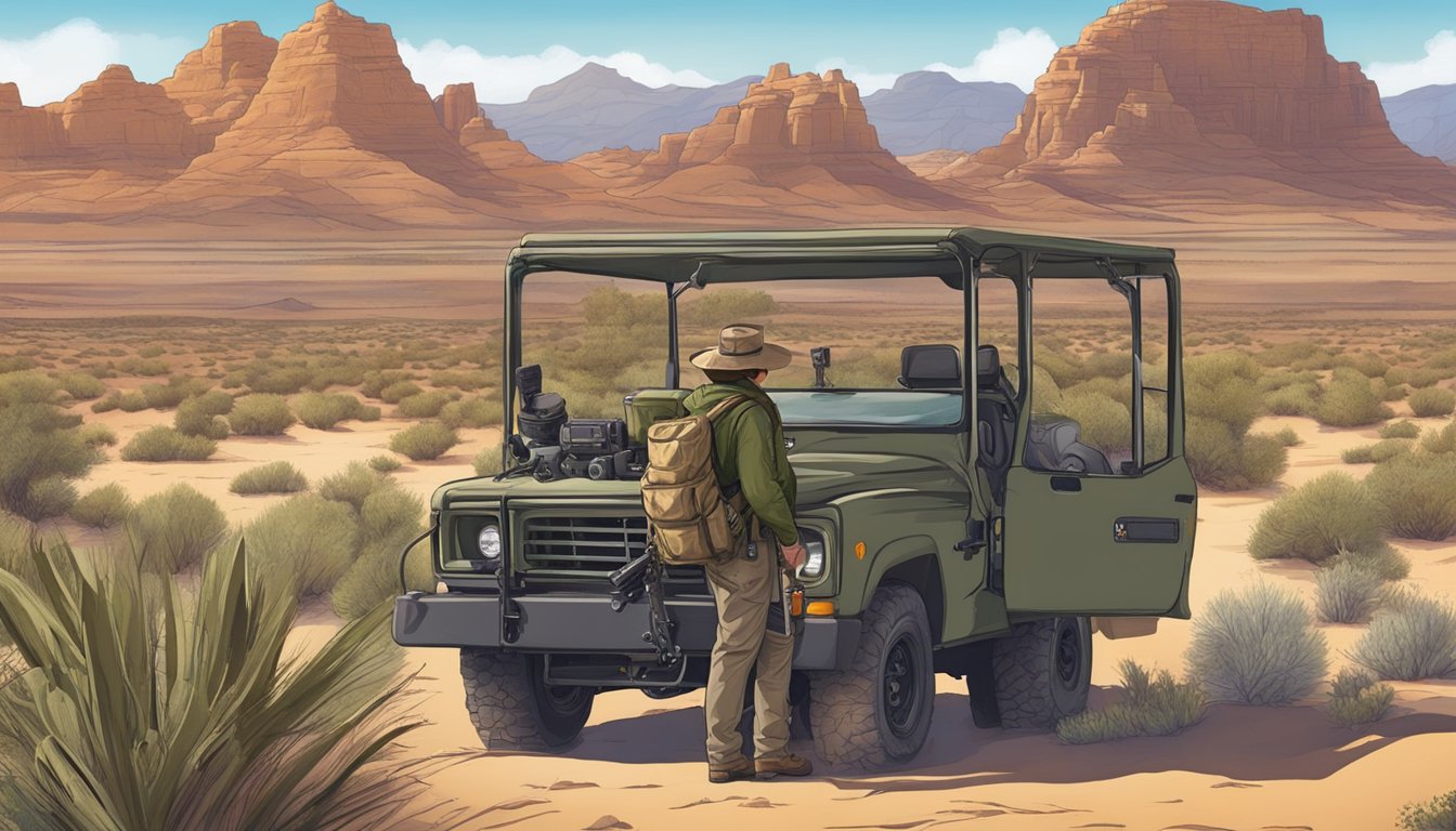 A hunter in Arizona carefully scopes out a safe and ethical location for hunting, surrounded by desert landscape and wildlife