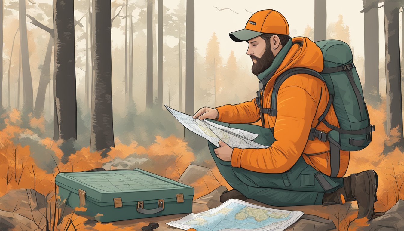 A hunter unpacks gear and checks firearms in a wooded area. Safety orange clothing and a map of designated hunting areas are visible