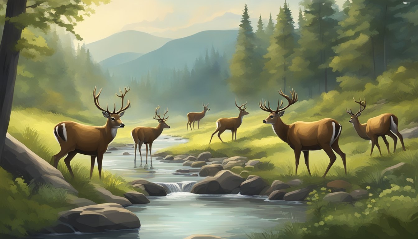 A group of deer grazing in a clearing, surrounded by dense forest and a flowing stream in the background