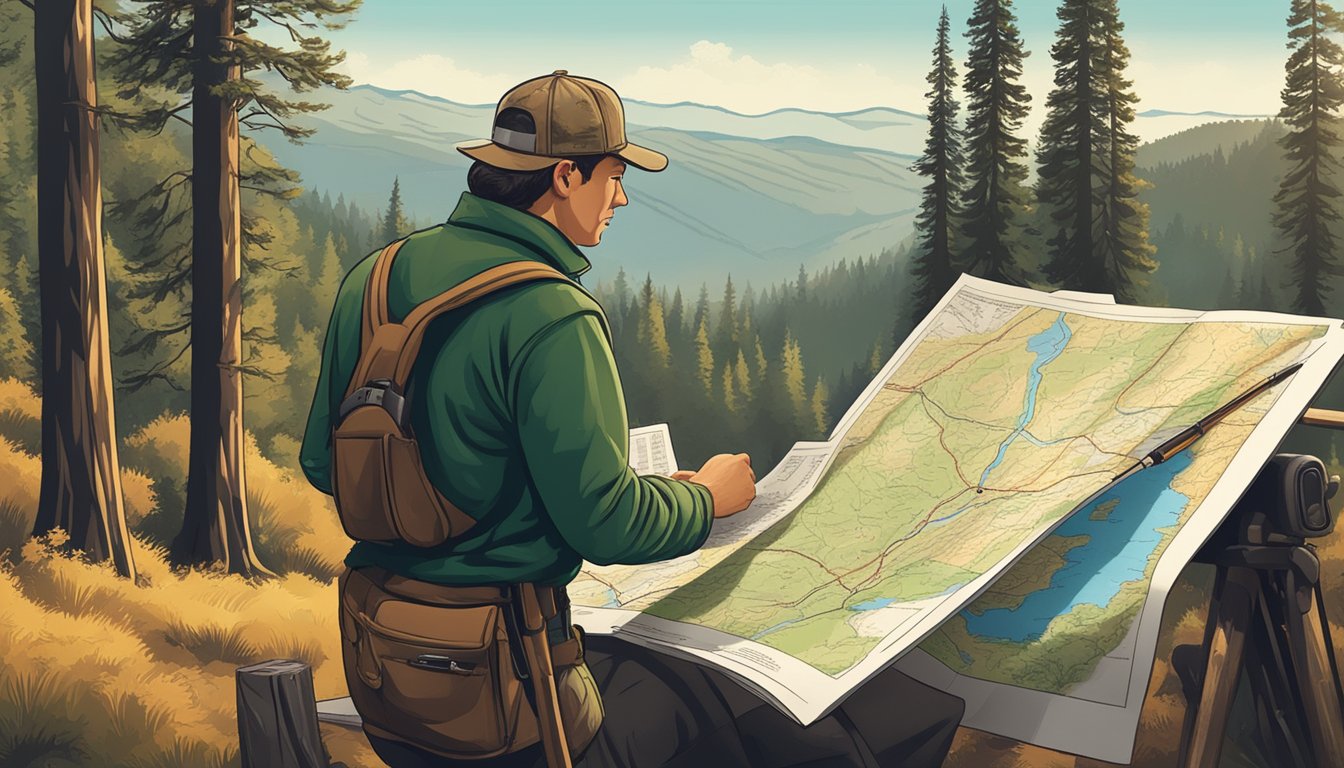 A hunter in California studying a map of hunting regulations with a forest and mountain landscape in the background