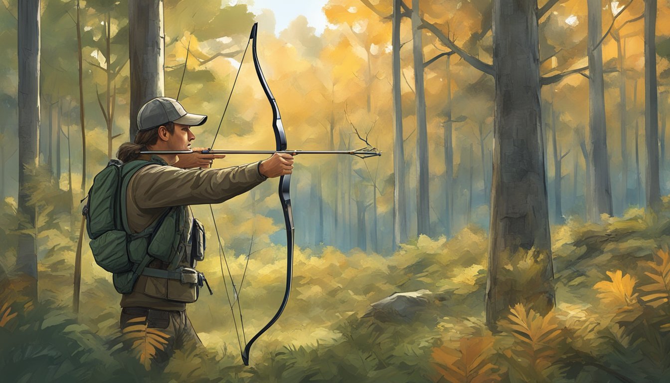 A hunter in Arkansas uses a bow and arrow to track a deer in the dense forest, carefully observing the animal's movements before taking aim