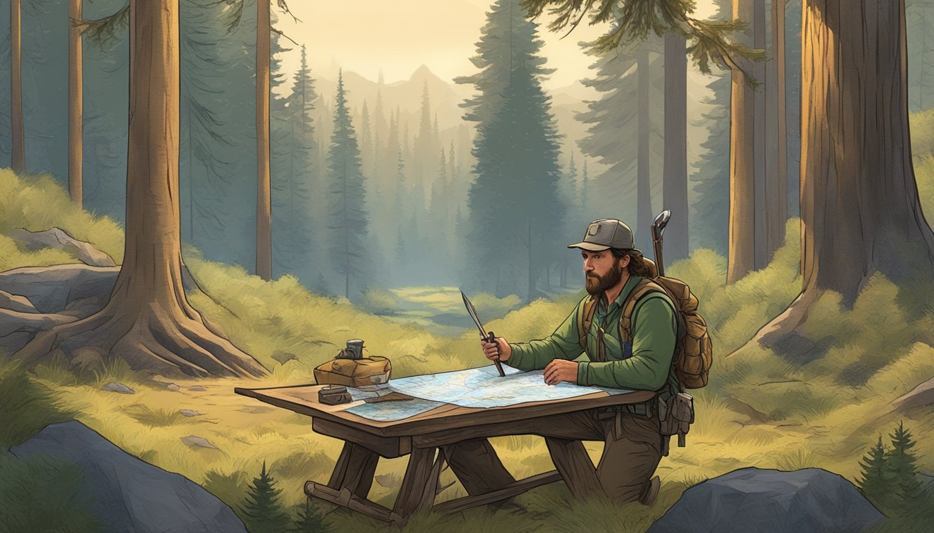 A hunter gathering supplies in a forest clearing, surrounded by tall trees and rugged terrain, with a map of California spread out on a makeshift table