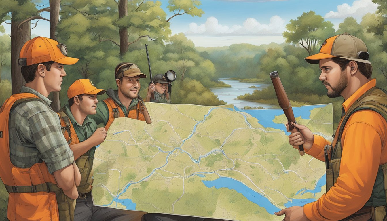 A group of hunters in orange vests gather around a map of Arkansas, pointing to different hunting areas. Safety posters adorn the walls