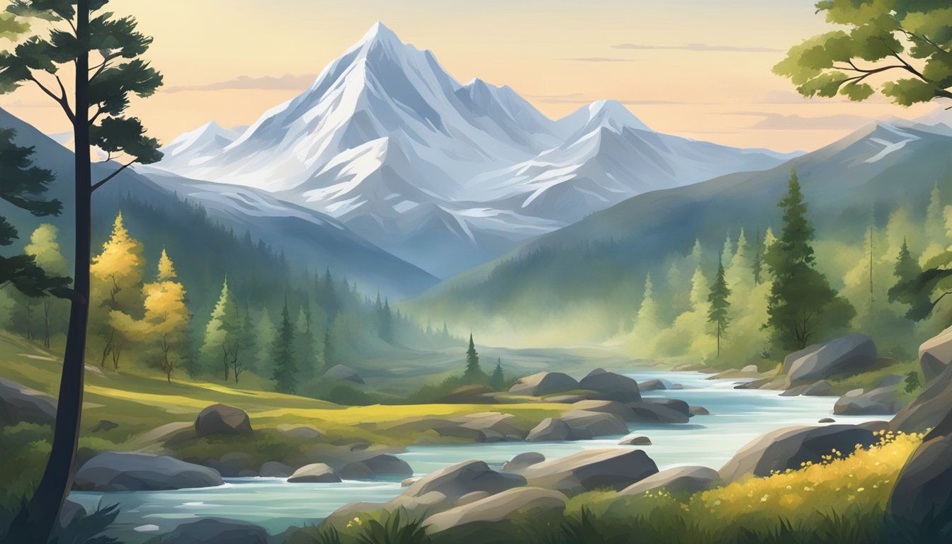 A serene mountain landscape with a lush forest, clear streams, and diverse wildlife. Snow-capped peaks in the background