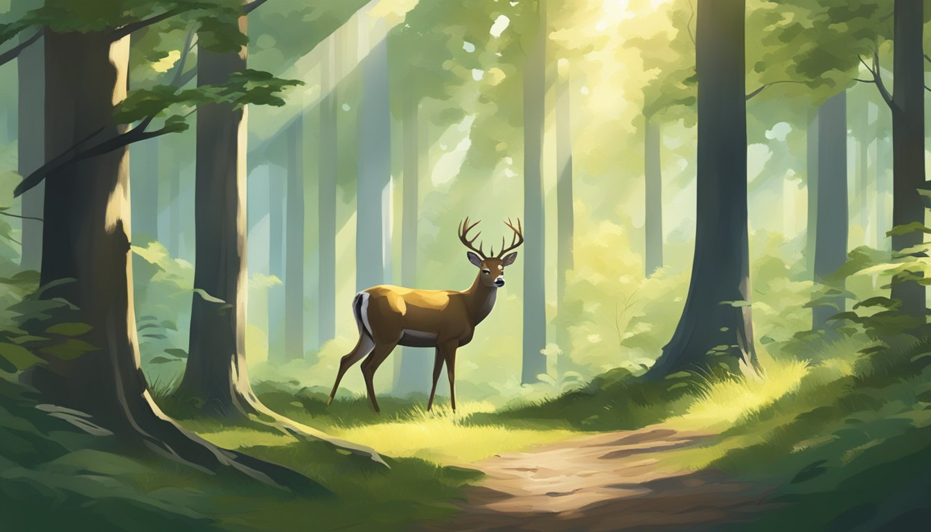 A serene forest clearing with a deer peacefully grazing, surrounded by tall trees and dappled sunlight filtering through the leaves