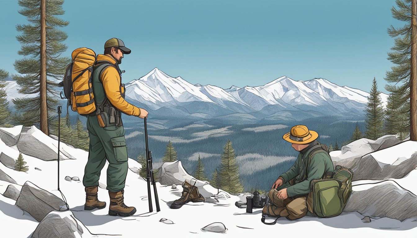 A hunter in Colorado prepares gear and checks safety equipment before heading out to hunt. The scene is set in a mountainous landscape with pine trees and a clear blue sky