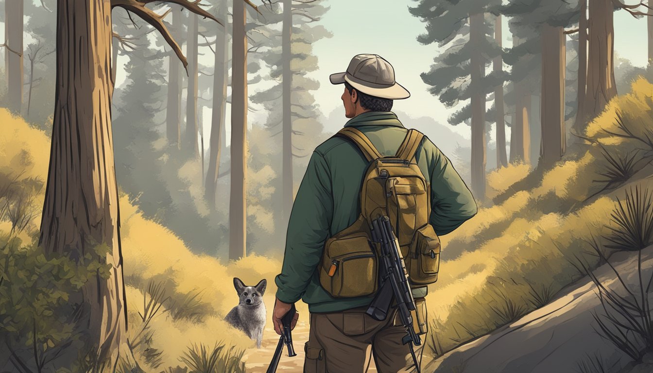 A hunter in California, following regulations, tracking game in a wooded area with a rifle and binoculars