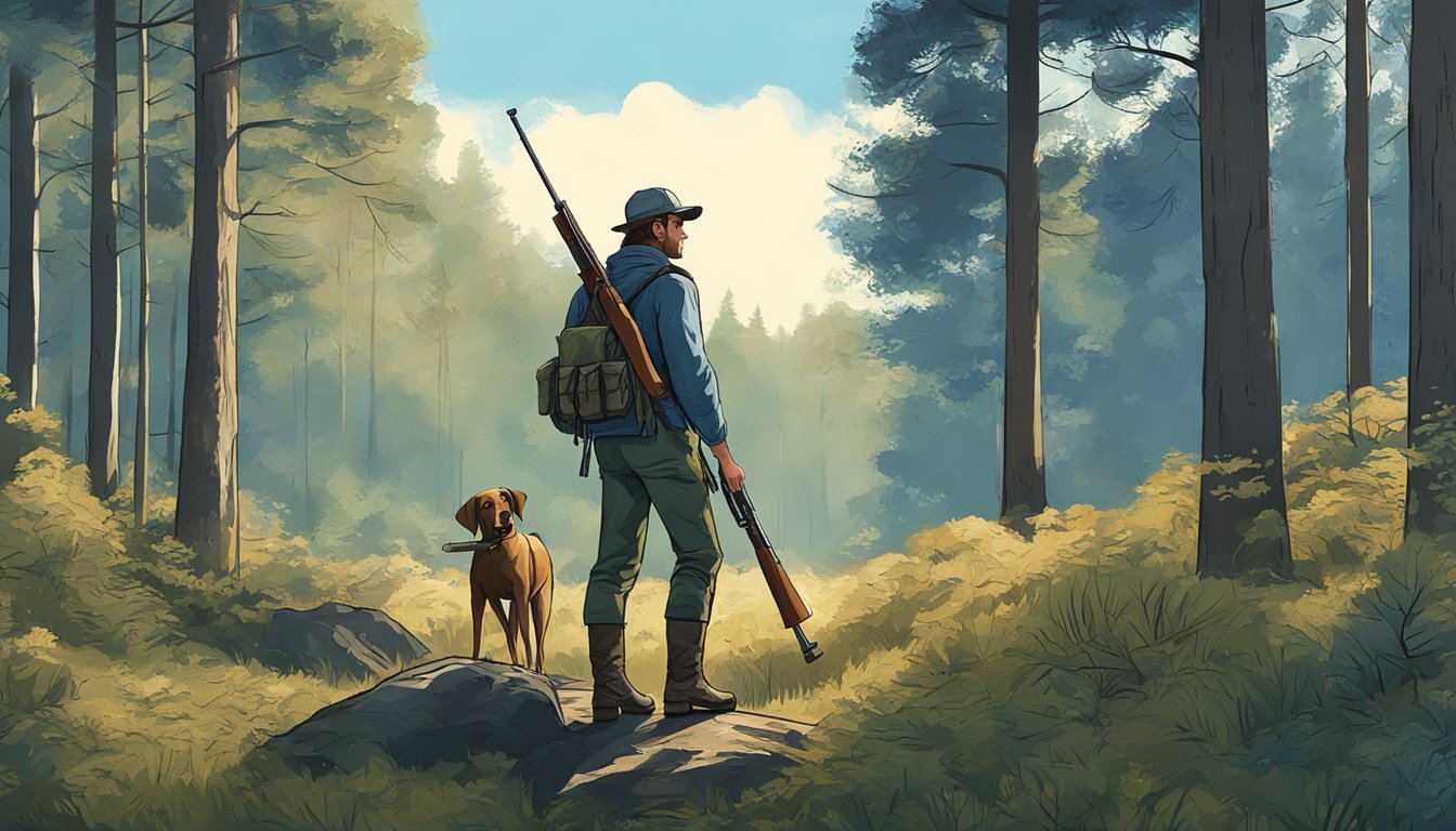 A hunter standing in a forest clearing, surrounded by tall trees and a clear blue sky, with a rifle in hand and a hunting dog by their side