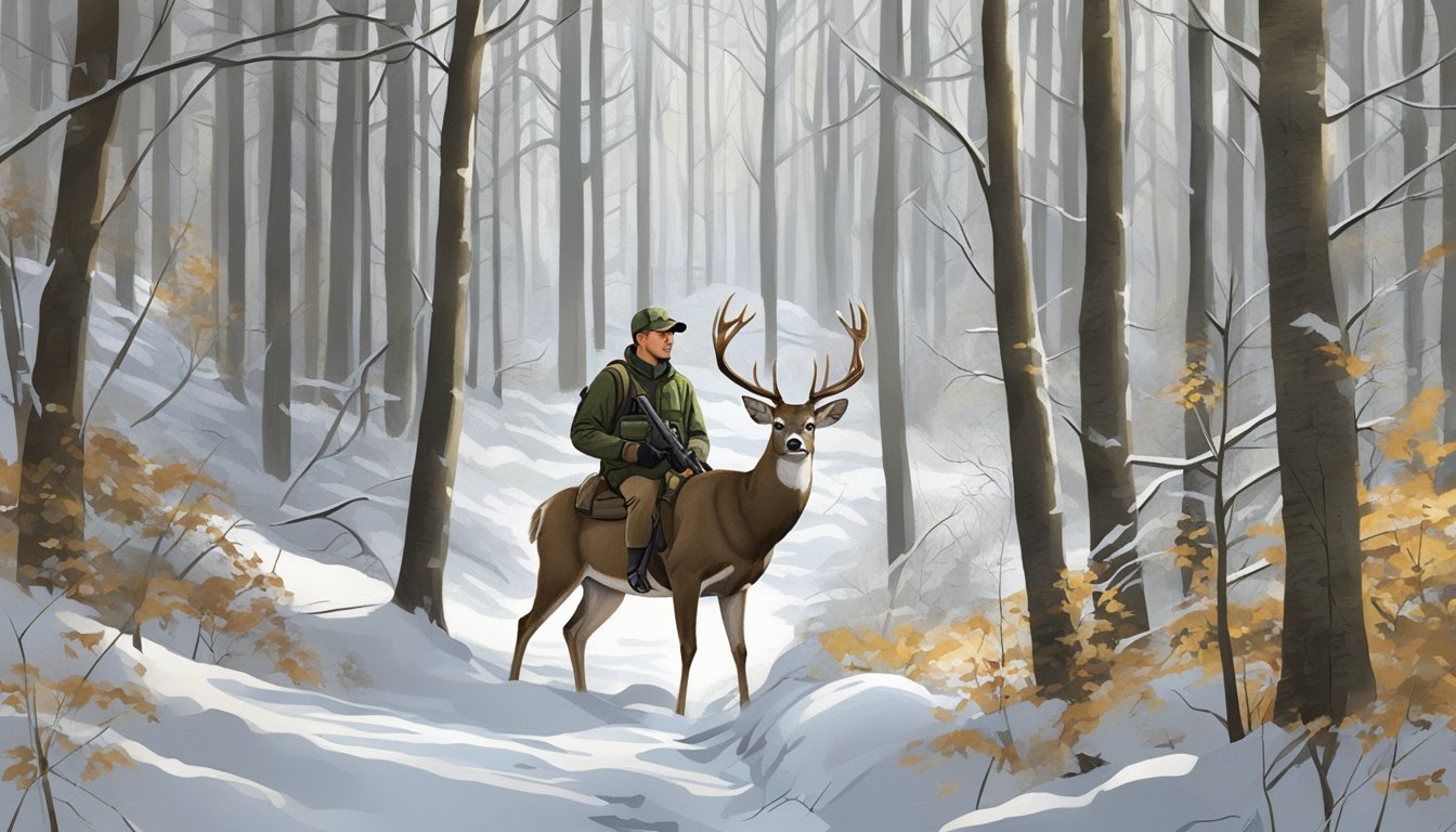 A hunter stalking a white-tailed deer through a dense forest in Connecticut