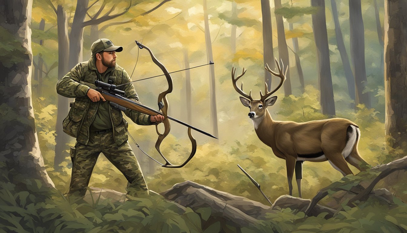 A hunter in camouflage aiming a bow at a deer in a wooded area of Washington D.C