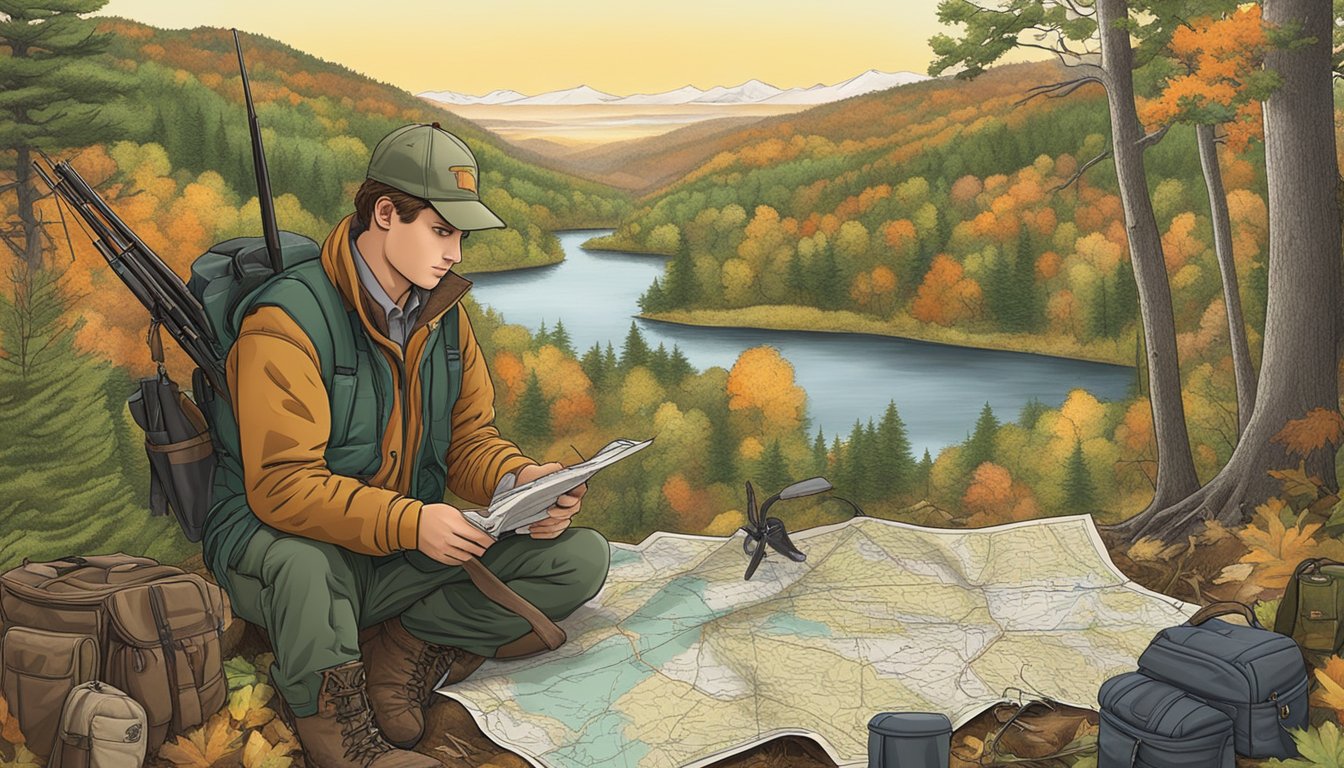 A hunter studying a map of Connecticut, surrounded by hunting gear and equipment, with a forest and mountains in the background