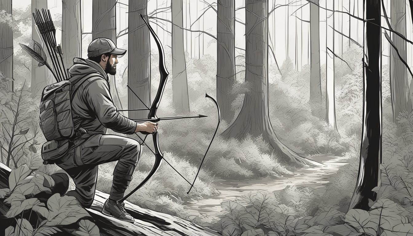 A hunter in the District of Columbia using a bow and arrow to track and hunt game in a dense forest