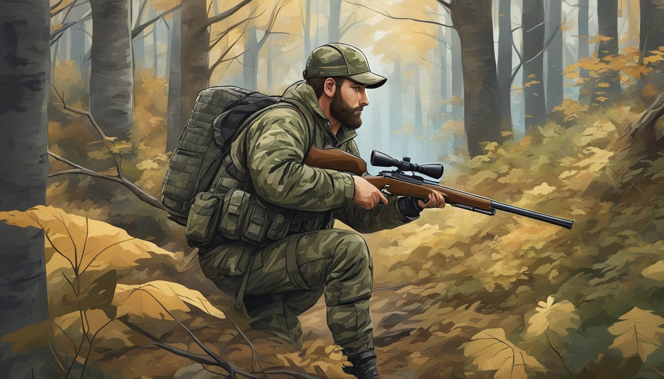 A hunter in camouflage gear quietly stalks through a dense forest, rifle in hand, searching for game in the District of Columbia