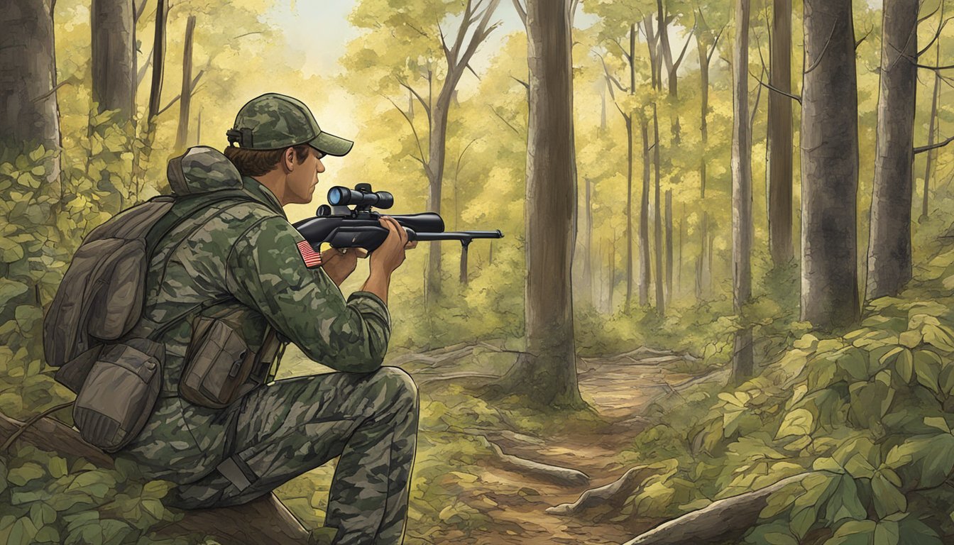 A hunter in camouflage with a rifle and binoculars scouting a wooded area in Delaware