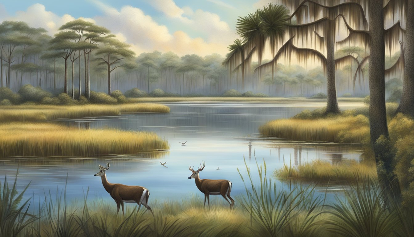 A serene Florida wetland with cypress trees, sawgrass, and a variety of waterfowl and game species, such as white-tailed deer and wild turkey, roaming the landscape