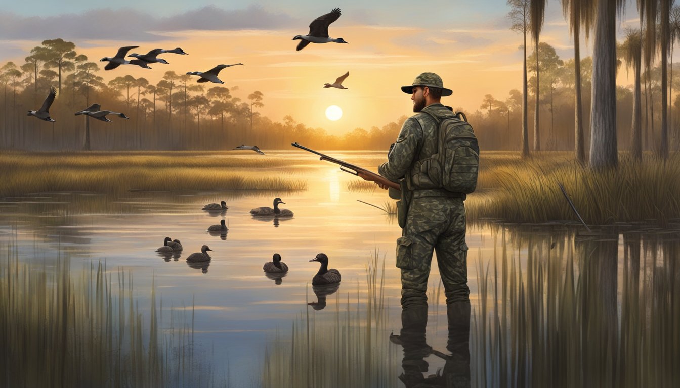 A hunter in camouflage gear stands in a Florida wetland, surrounded by cypress trees and sawgrass. A flock of ducks takes flight overhead as the sun sets