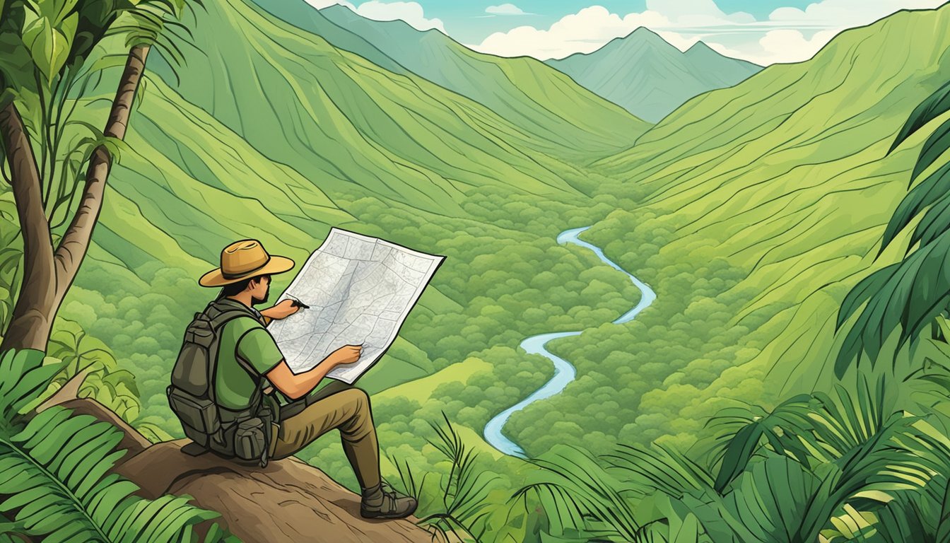 A hunter in Hawaii studying a map of hunting regulations, surrounded by lush green mountains and tropical vegetation