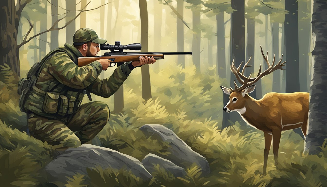 A hunter in camouflage aiming at a deer in a forest clearing