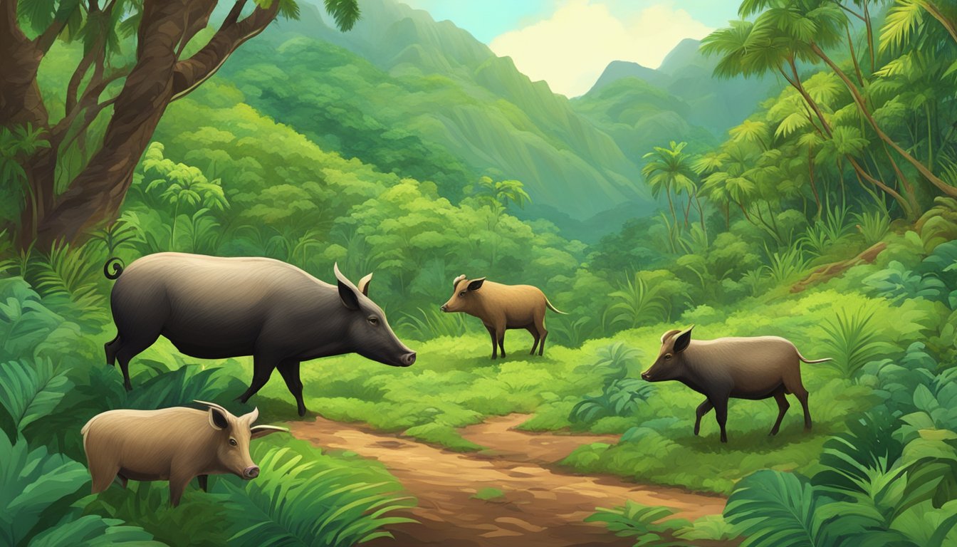 A lush Hawaiian forest with native game species, such as wild pigs and goats, roaming freely among the vibrant foliage and rocky terrain